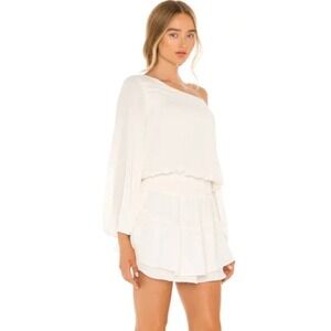 krisa Cream Off Shoulder Smocked Waist Tiered Ruffle Mini Dress M